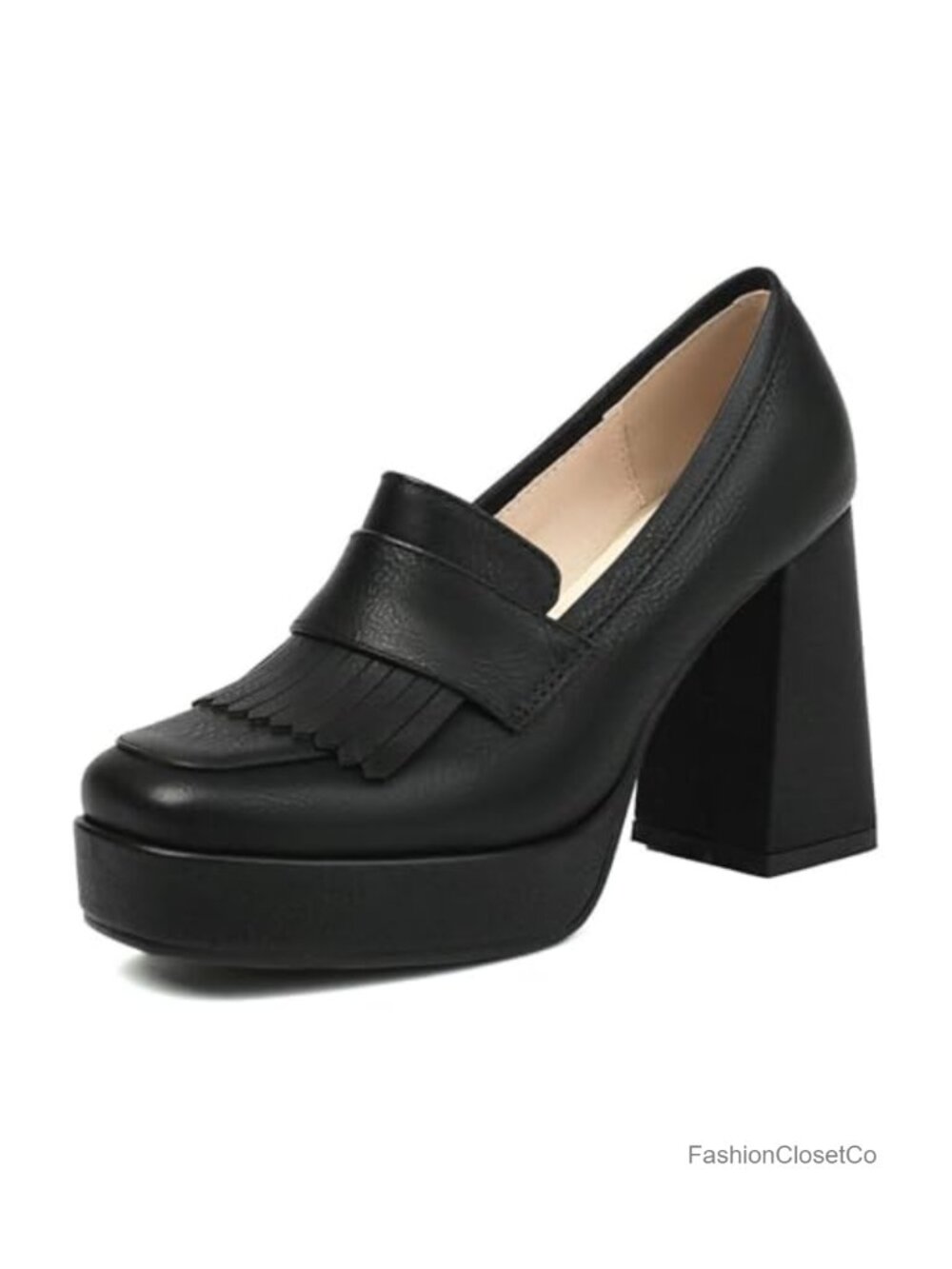 Women's Heeled Loafers Platform Chunky High Heel PU Slip On Square Toe Tassel